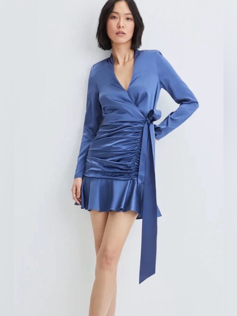 Veronica Beard Agatha Ruched Mini Dress Blue Silk Wrap Long Sleeve Size 6